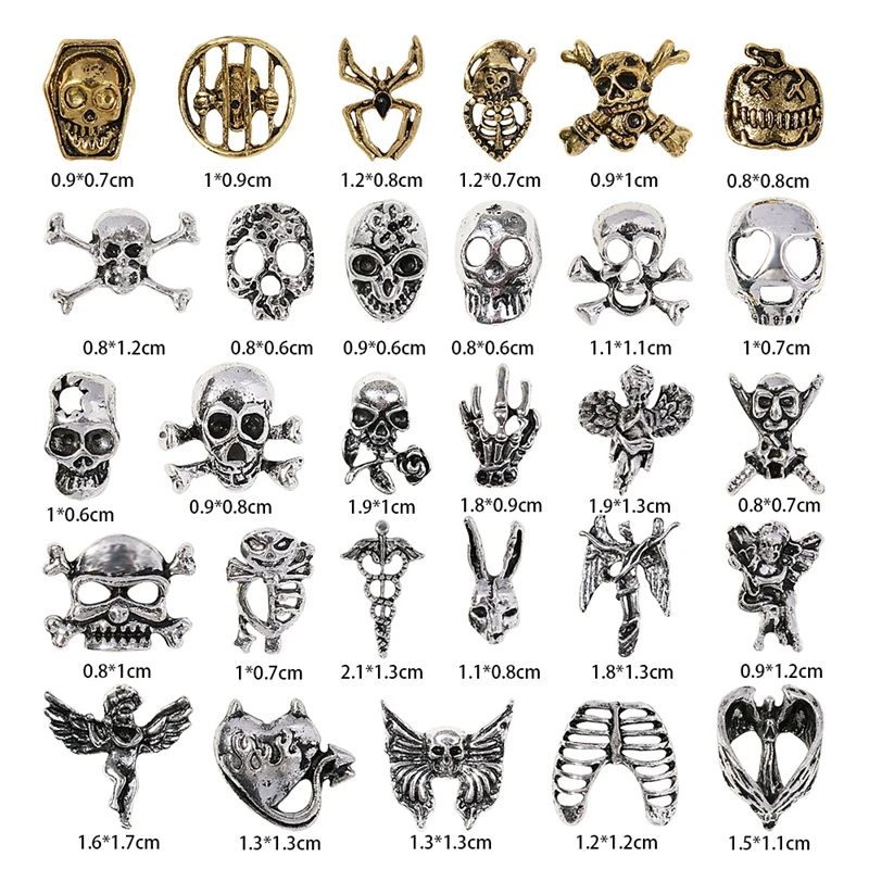 20pcs/set New Metal Nail Art Jewelry Halloween Alloy Retro Diamond-studded Ghost Claw Ghost Face Skull Spider Nail Accessories