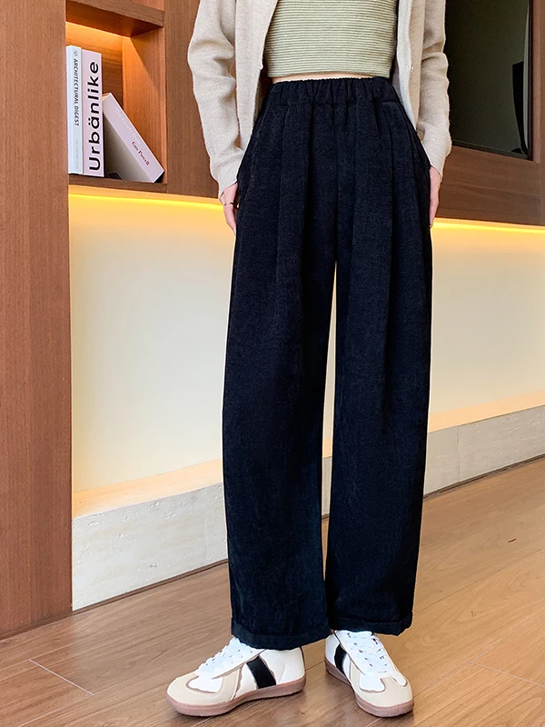 بسيطة عارضة فضفاض واسعة الساق السراويل عالية الخصر المخملية اللون المرأة الخريف Faion مستقيم الساق السراويل مع كيتس
