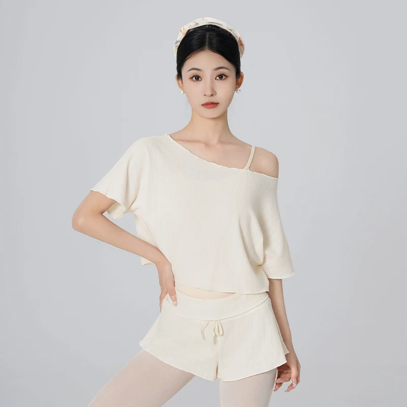 Women Cropped Dance Top Off Shoulder Short Sleeve T-Shirt Ballet Practice Wear Cover Up Summer image 3