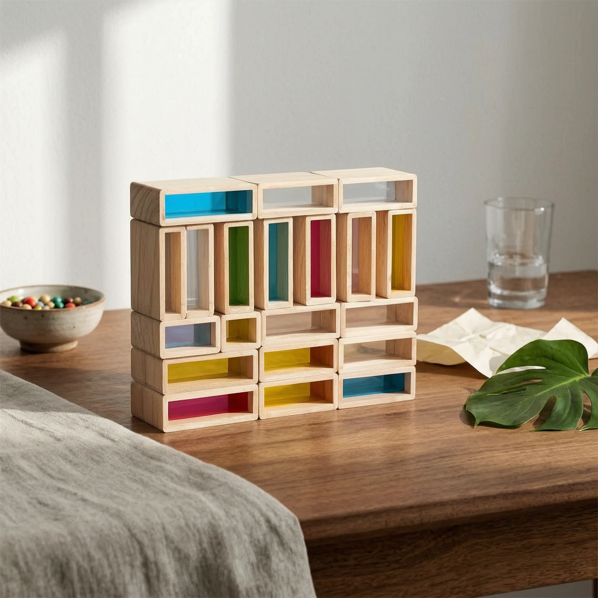 Stacking Blocks Sensory Gem Blocks Wooden Educational Toys Rainbow Colors for Kids Playroom Activities