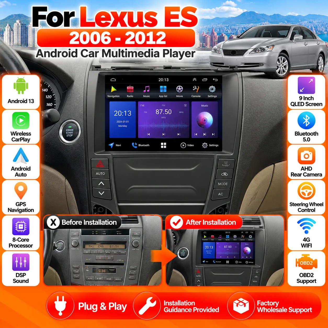 CarPlay Android Multimedia Car Radio For Lexus ES240 ES350 ES330 2006-2012 Touch Screen Video Stereo Head Unit