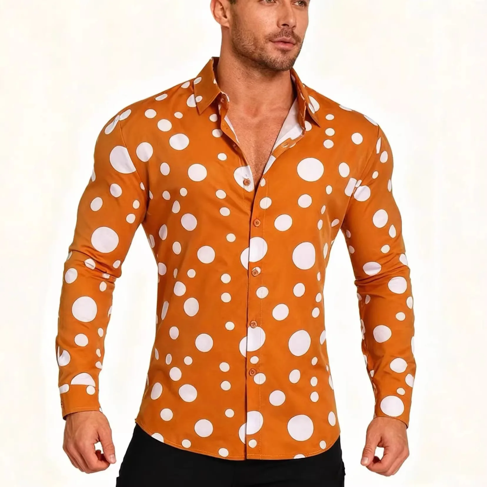 Men's New Polka Dot Print Casual Versatile Long-sleeved Shirt