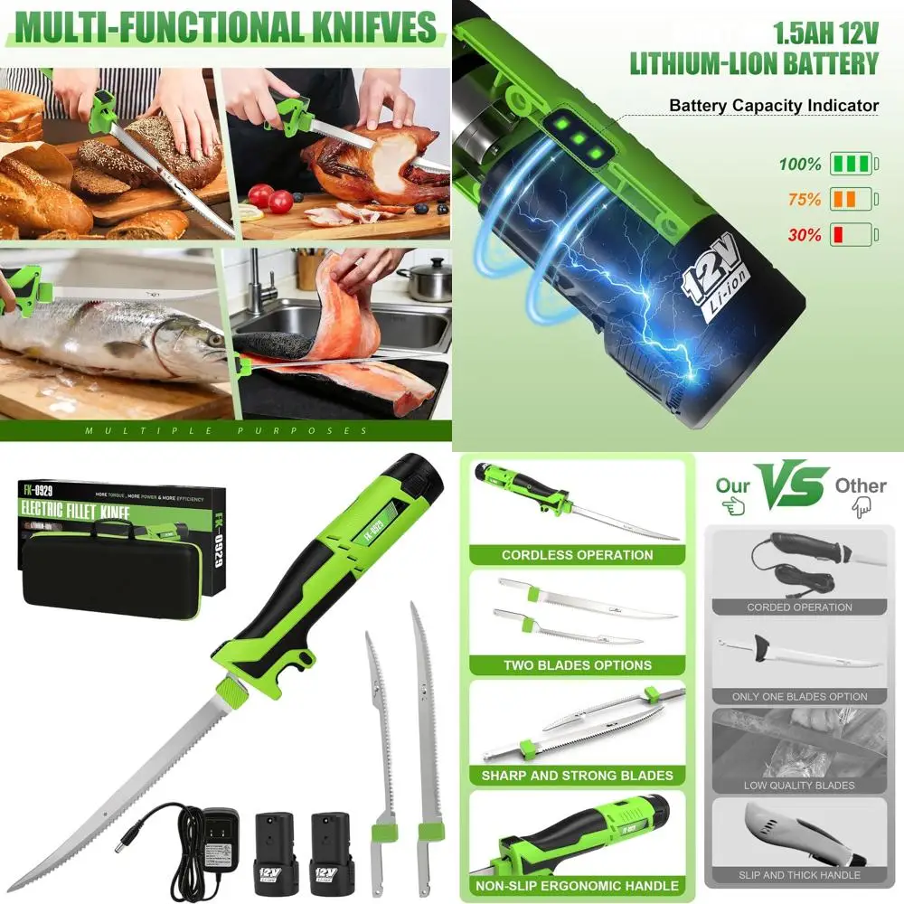 

12V Rechargeable Electric Fillet Knife, 8 & 10 Sharp Blades, Safety Lock, Non-Slip Grip, 2 Batteries, Charger, Storage Bag