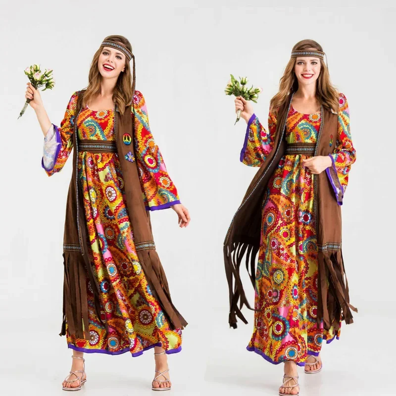 

New Halloween Women's Hippie Cosplay Costume Adult 70'S Retro Disco Long Sleeve Printed Dress Vest Purim Party Role Play Suit M1