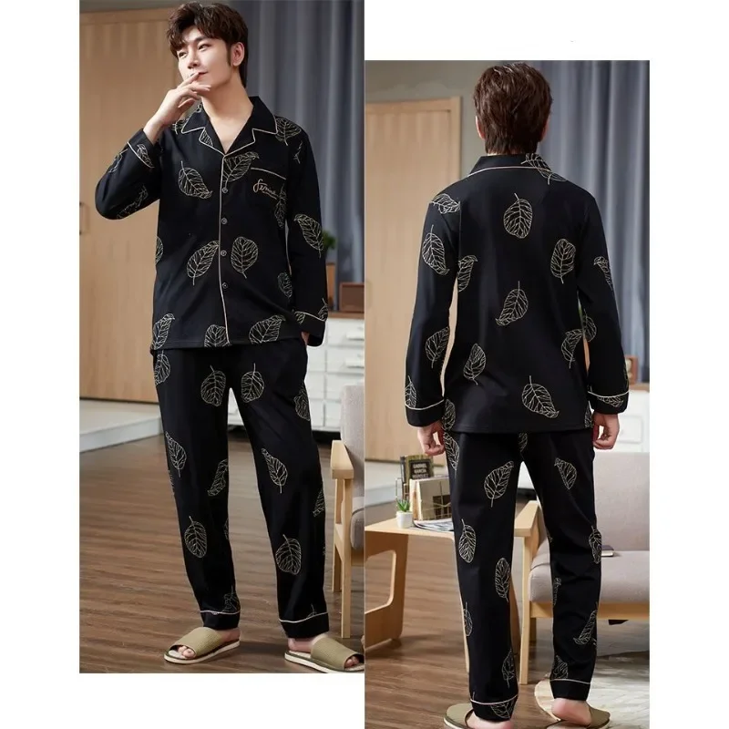 Men's Spring Autumn Pure Cotton Pajamas Long Sleeved Cardigan Middle Age Elderly Home Clothes Set Youth Casual Loose Pyjamas