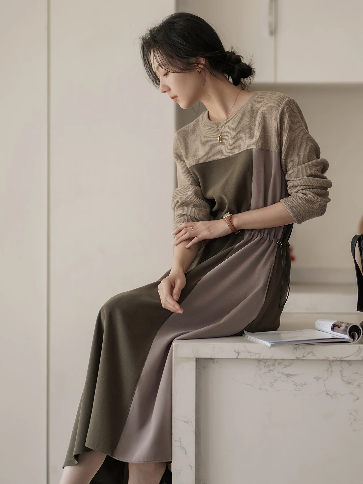 

Invisible Drawstring Waist Design Casual Spring New Women's Dress Color Block H-Line Skirt Long Sleeve Comfortable Breathable