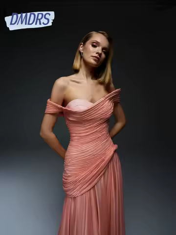 Exclusive Pleated Chiffon Soft Evening Dress Charming Stylish Sequins Off-the-shoulder Floor-length Customized Cocktail Gown