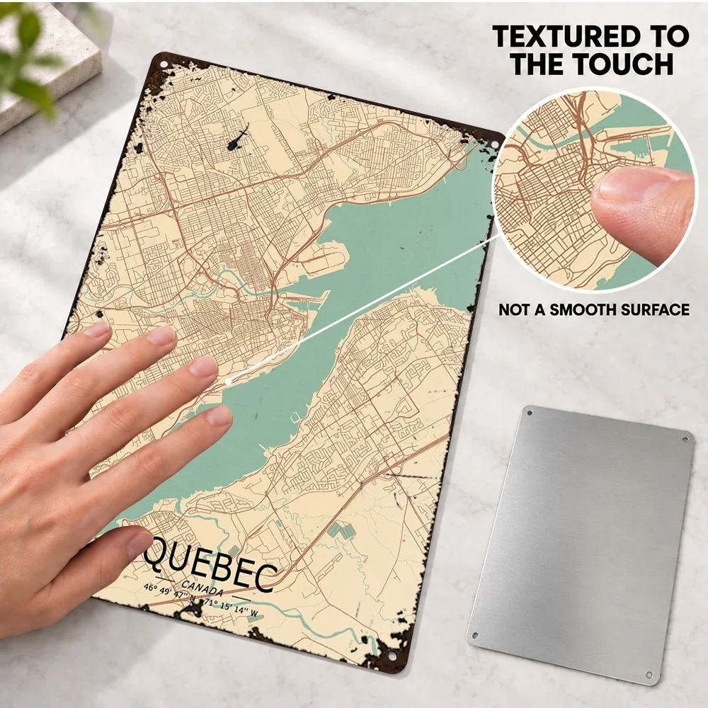 Quebec City Beige Street Map Textured Metal Poster Personalized Aluminum Sign Retro Graphic Wall Art For Study, Traveler Gift
