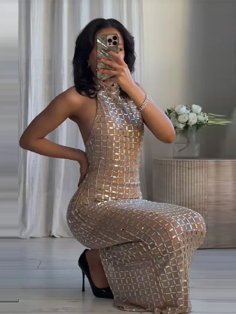Shinny Rhinestone Maxi Dress For Women Sleeveless Backless Halter Robes Slim Fit Vestidos 2025 New Lady Party Vacation Dressses
