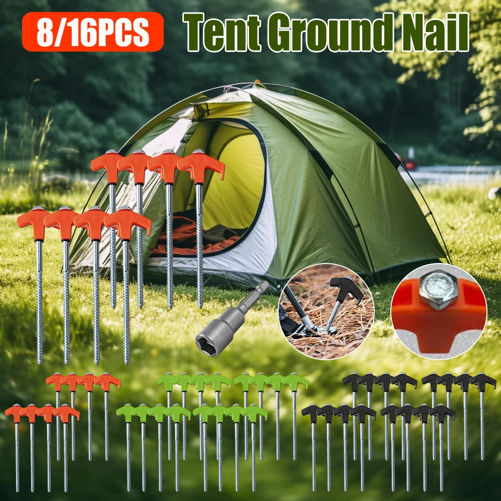 8/16 Stück Camping-Heringe, Zelt-Erdnägel zum Einschrauben mit Sechskant-Einsatz, Bodenanker, Camping-Ausrüstung