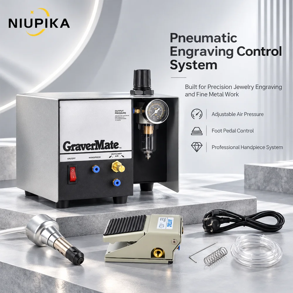 NIUPIKA Pneumatic Engraving Machines Jewelry Metal Engraver Control Unit with Handpiece Foot Pedal Air Pressure Gauges 110V 220V