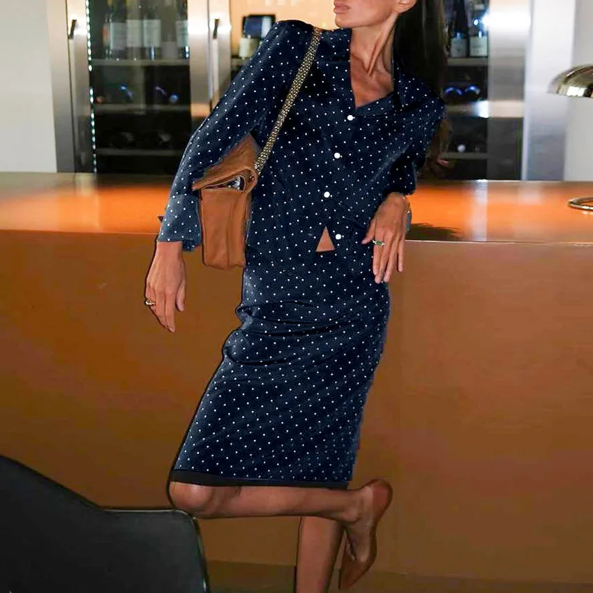 Two Pieces Women Polka Dot Dress Set Skinny Matching Sets V Neck Shirts Knee Lenth Skirts Slim Fit Elegant Casual 2026 Autumn view 2