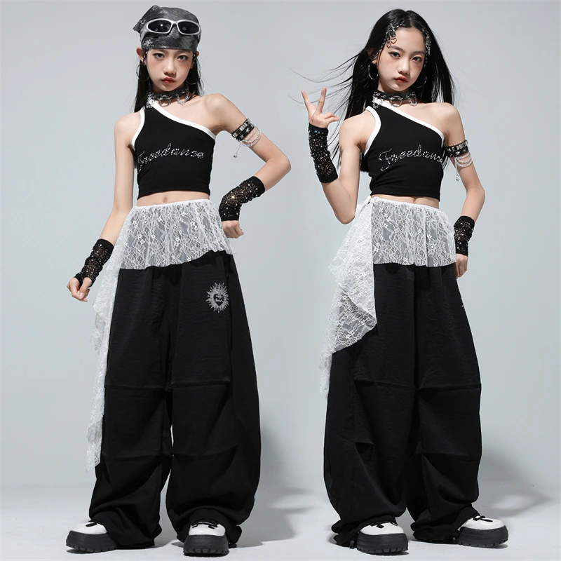 Mädchen Hip Hop Jazz Dance Anzug One-Shoulder Weste Crop Top Lange Hose Bühne Kinder Kpop Kostüme Teenager Street Performance Outfits
