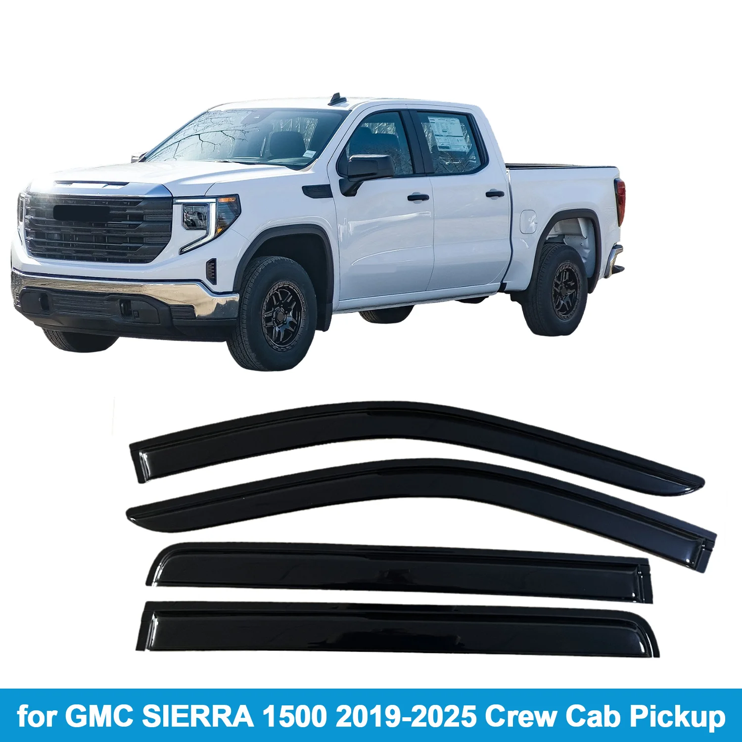 

Window Visor for GMC SIERRA 1500 2019-2025 Crew Cab Pickup Rain Guard Side Vent Deflector Weathershield Outside-Mount Tape On