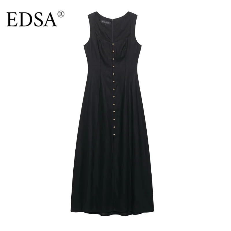 EDSA Damen Vintage-Midikleid aus Leinen, quadratischer Ausschnitt, ärmellos, geteilter Saum, Reißverschluss hinten, langes Kleid für Party
