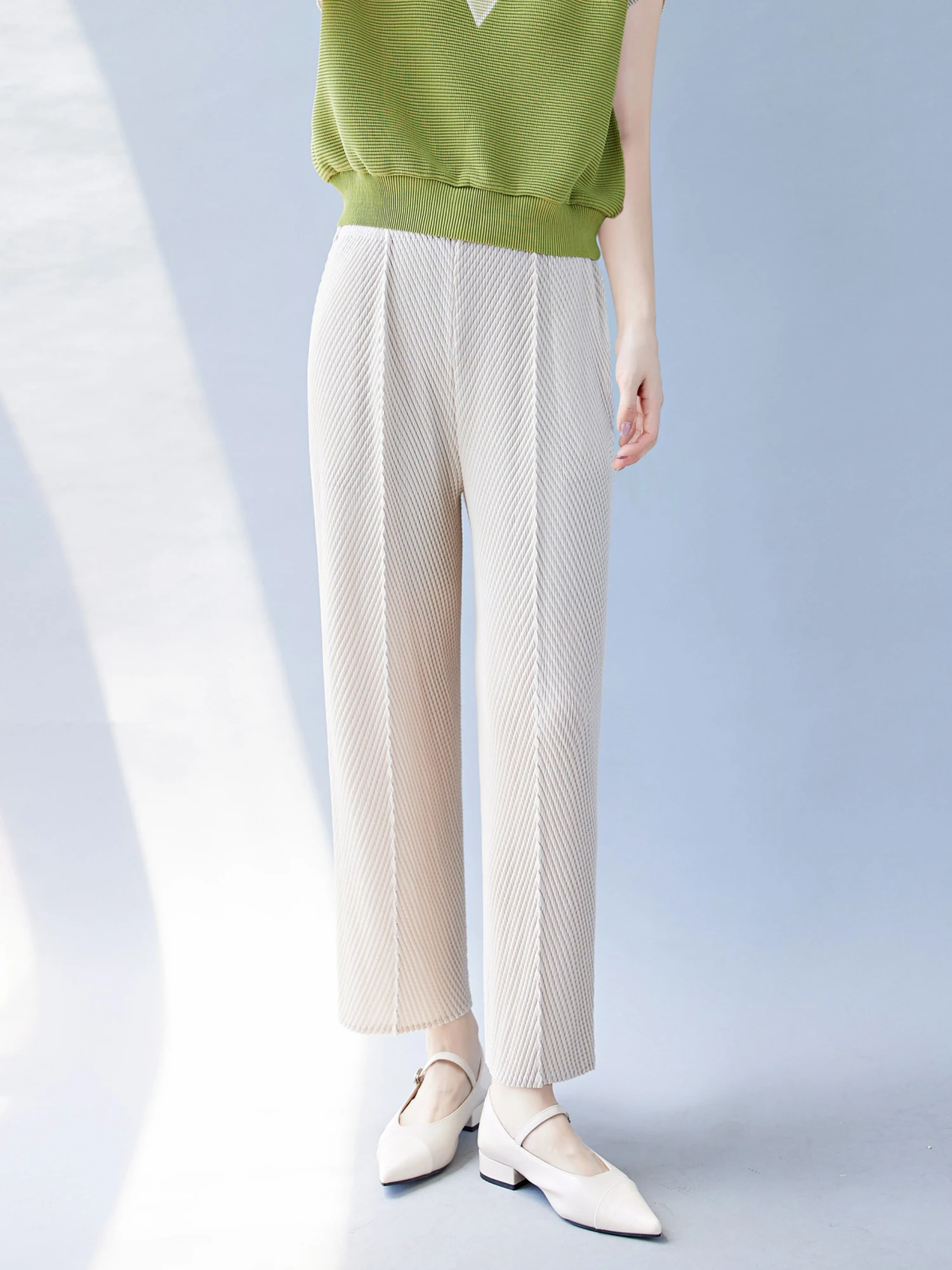 High Waist Wide Leg Pants Women's Loose Drapey Casual Trousers Nine Points Pleated Comfortable Elastic Polyester Fiber