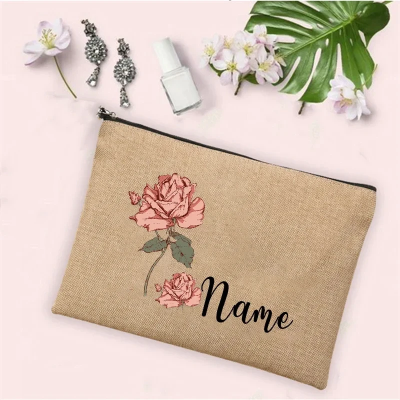 Personalized Customization birth Month Name Date Flower Makeup Bag Women Travel Makeup Zipper Handbag Toilet Toiletries Wallet