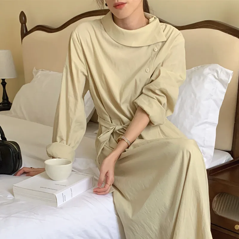 

Chic f-High Collar Side-Bule Dr Women's Spring New Belted Waist Cinched Straight Tube Long Dr Korean Sle