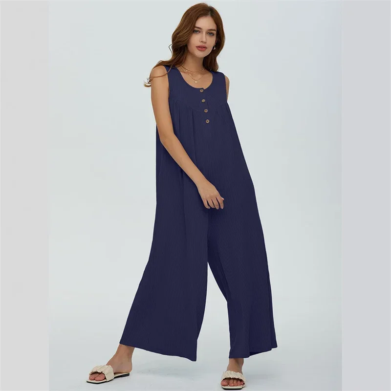 Women Single-breasted O Neck Splicing Jumpsuit Summer Solid Color Casual Sleeveless Rompers Double Pockets Female Wide Leg Pants