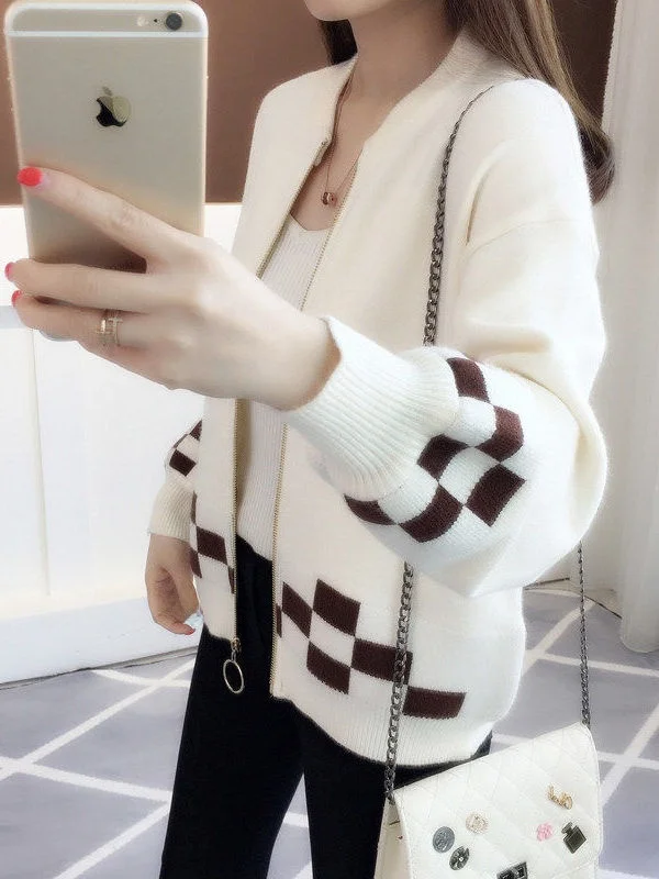 Spring Autumn Short Knitted Open Cardigan Loose Lantern Sleeve Women's Outerwear Fashion Korean Style Color Block Design