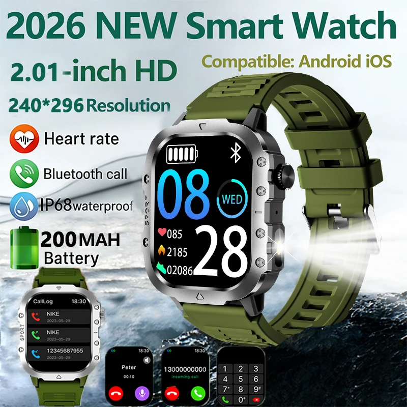 Taschenlampe Smartwatch 2,01'' HD Bluetooth-Anruf Smartwatch Herren Sport-Fitness-Tracker Herzfrequenz-Smartwatch für Android iOS