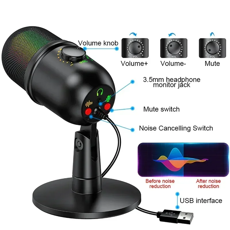 USB Gaming PC Microphone for Streaming Podcasts,RGB Computer Condenser Desktop Mic for YouTube Video