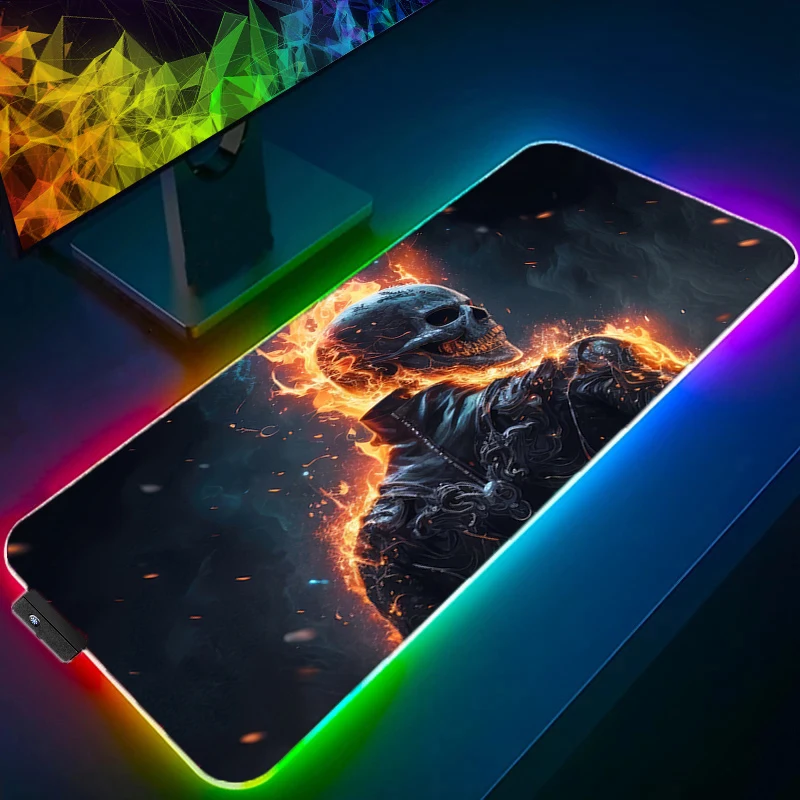 Ghost Rider RGB LED Mouse Pad Large Gaming Locking Edge MousePad Keyboardpad Decoracion Desk Mat Computer Gamer Accessories