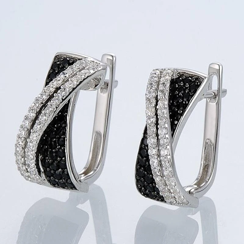 Huitan Black/White CZ Hoop Earrings for Women Special-interested Modern Female Earrings Daily Wear Party Statement Jewelry Hot