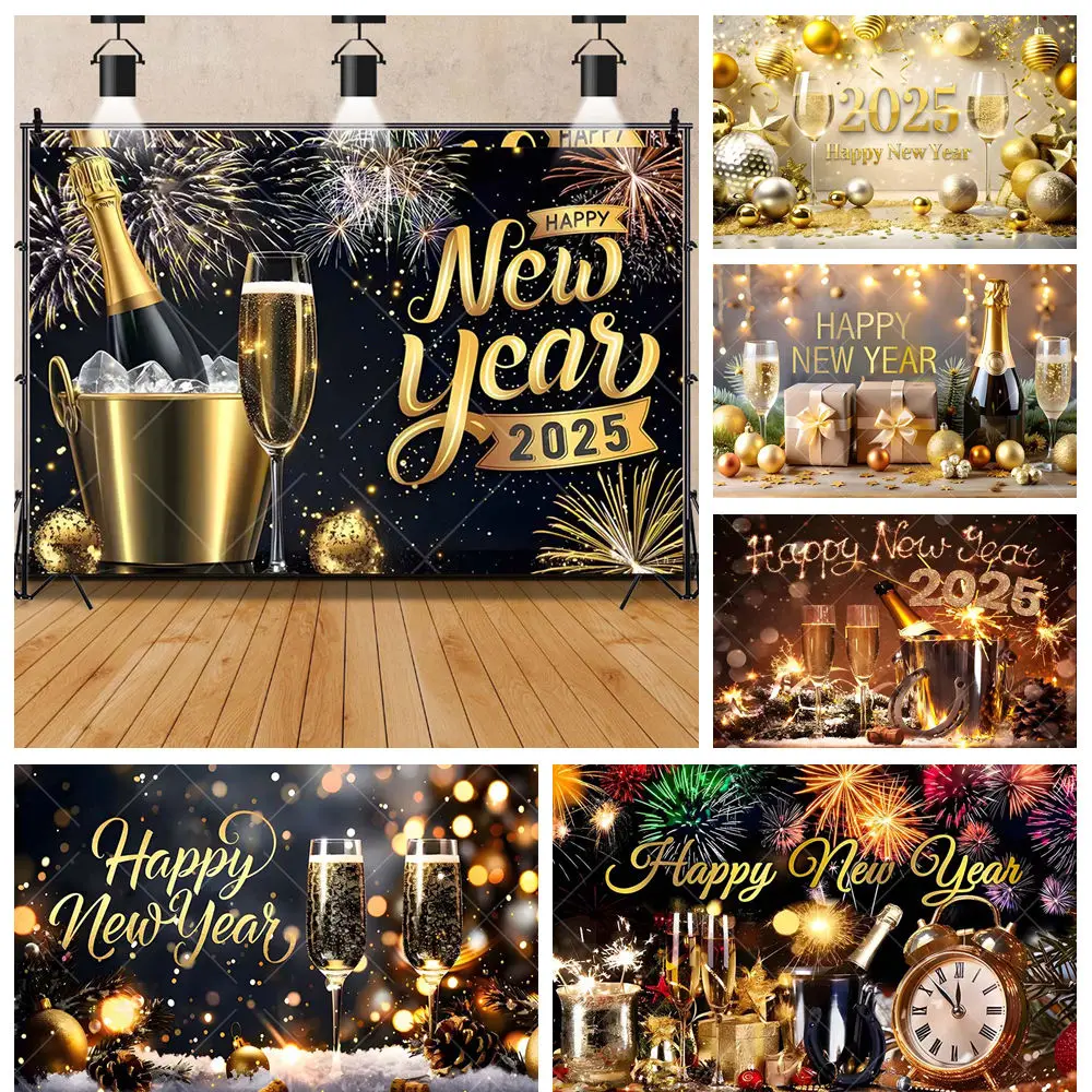 

2025 New Year Countdown Carnival Golden Champagne Fireworks Gift Party Custom Backdrops Kids Photo Props Decor Studio Background