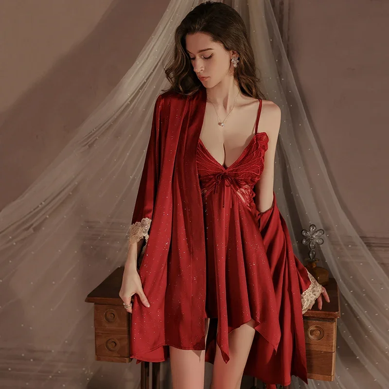 

REBEYULI 2025 Night Dress Set Robe for Women Irregular Bottom Sling Sleep Dress with Bra Cups Sexy Nightgown Sleeping Ladies