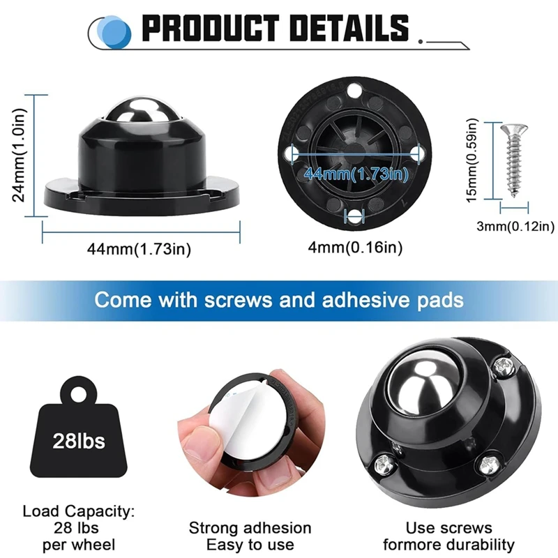 16 stuks 1 inch zelfklevende zwenkwielen voor meubels, 28LBS laadvermogen, zwenkwielen voor opbergbakken voor kleine apparaten