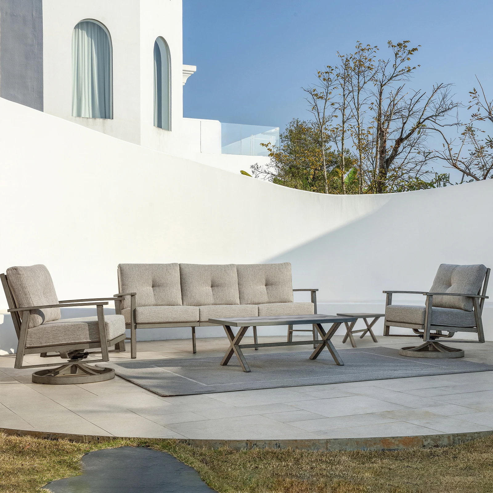 

Seehill Patio Furniture Outdoor Set, 5 Pieces Aluminum Patio Swivel Outdoor Furniture Sets for Deck, Garden, Limed Oak
