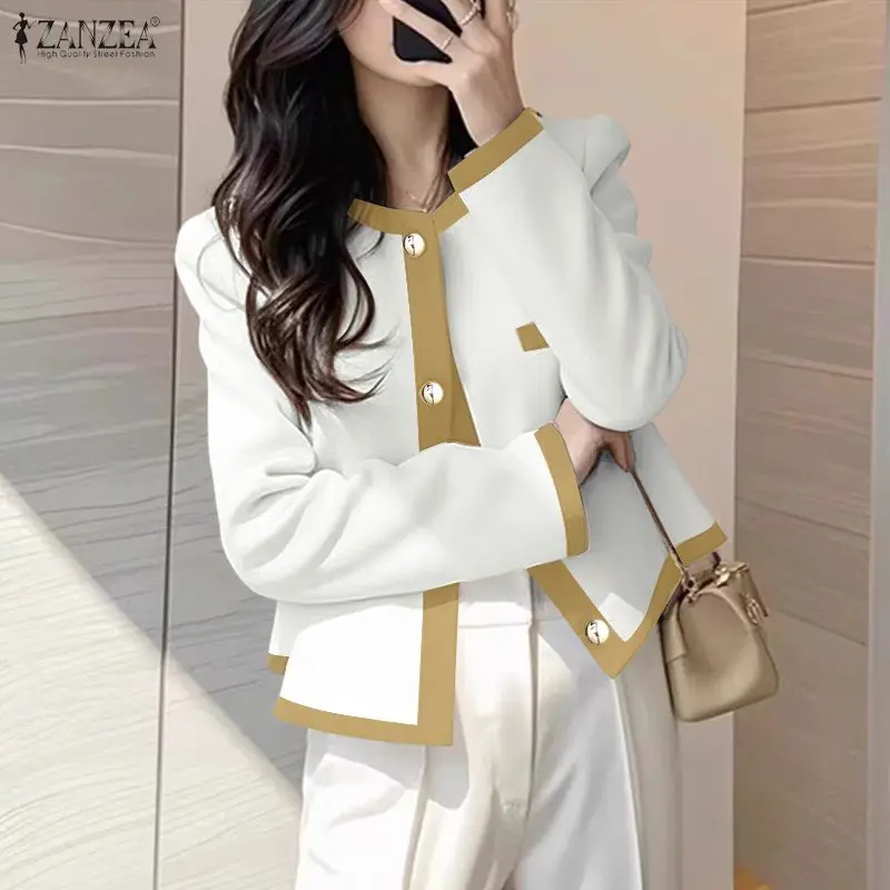 2026 ZANZEA Fashion Women Blazer Long Sleeve Color Patchwork Ladies Coats Elegant Streetwear Office Lady Overcoats Female Shirts