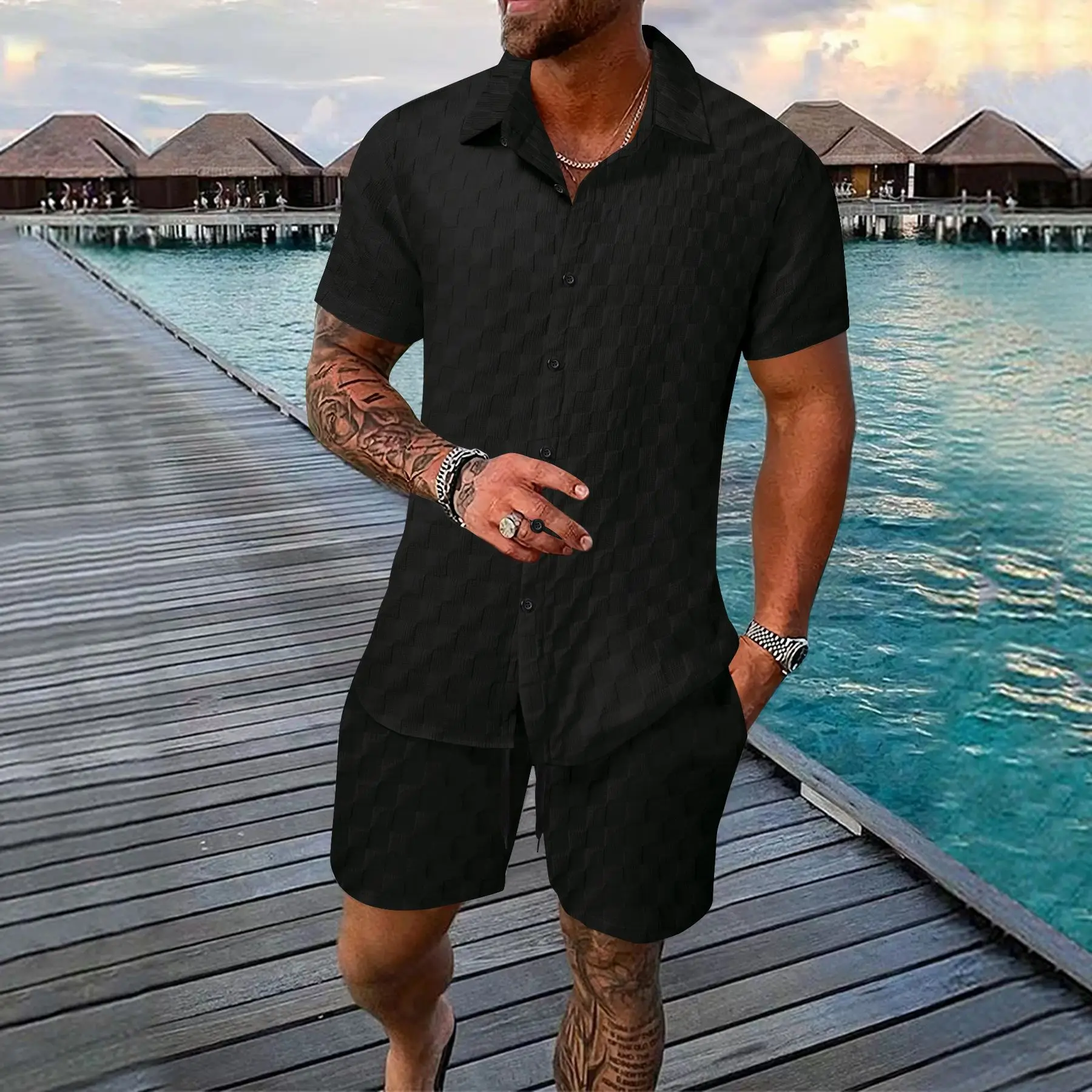 

Summertime New style Men's Lapel Plaid Short-Sleeved Shirt Fashion Casual Loose Pocket Short-Sleeved Shorts Beach Suit