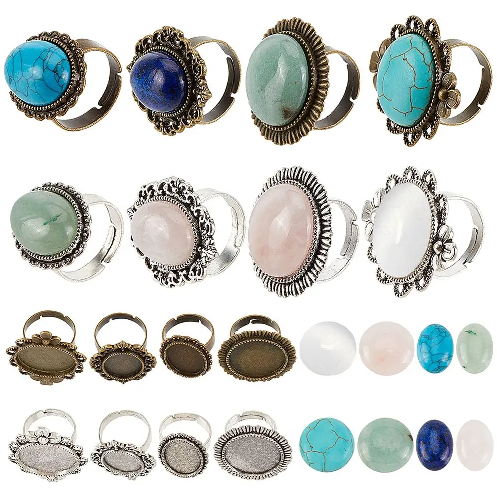 16Pcs DIY 8 Sets Ring Bezel Blanks Stone Cabochons Style Adjustable Finger Ring Blank Components Rings Making Kit Oval Round