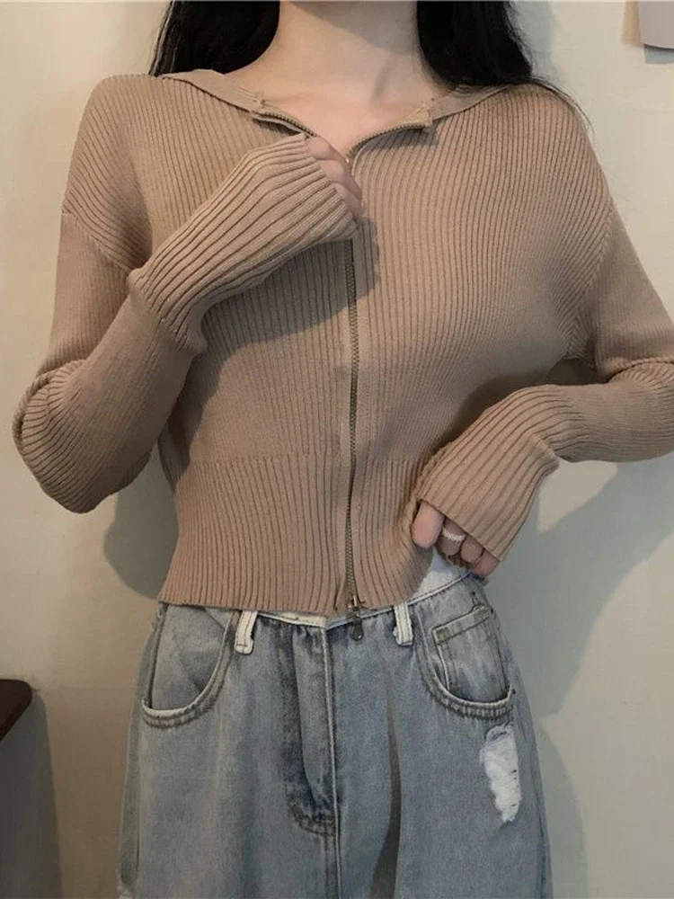 

Белый кардиган, женский осенний тонкий вязаный свитер, женский корейский стиль, кардиганы на молнии, женские милые модные тонкие вязаные укороченные топы