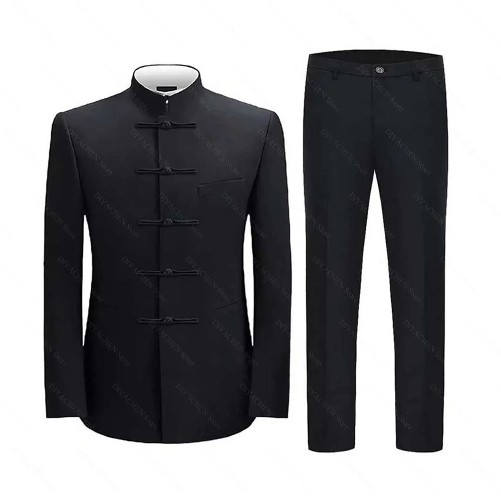 

Black Men Suits 2 Piece Chinese Style Single Breasted Stand Collar Wear Wedding Tuxedo Fashion Casual Daily Slim Male Suit