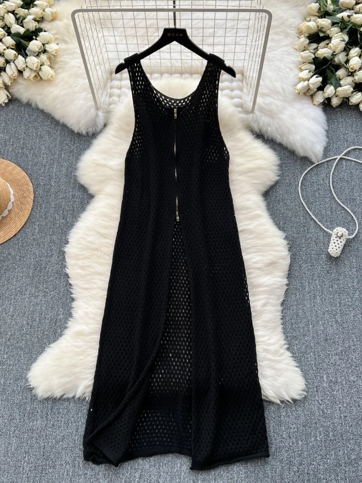 Vestido Longo de Tricô Estilo Coreano para Mulheres, Sem Mangas, Cintura Alta, Saia Midi em A, Design de Camadas com Zíper e ...