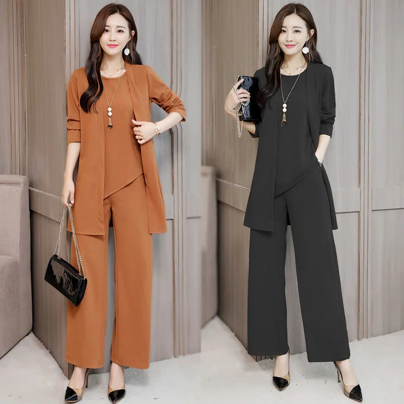 Women's Casual Fashion Suit 2022 Spring Summer New Plus Size Clothing Wide Leg Pants Crop Top And Coat Three Piece Set For Women