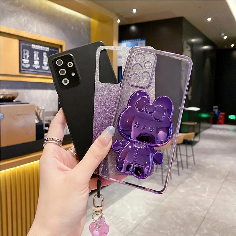 Flower Strap Mirror Rabbit Phone Holder Case On For Samsung Galaxy A34 A71 A51 A31 A11 A24 A54 A50 A20 A30 A03 A02 Stand Cover