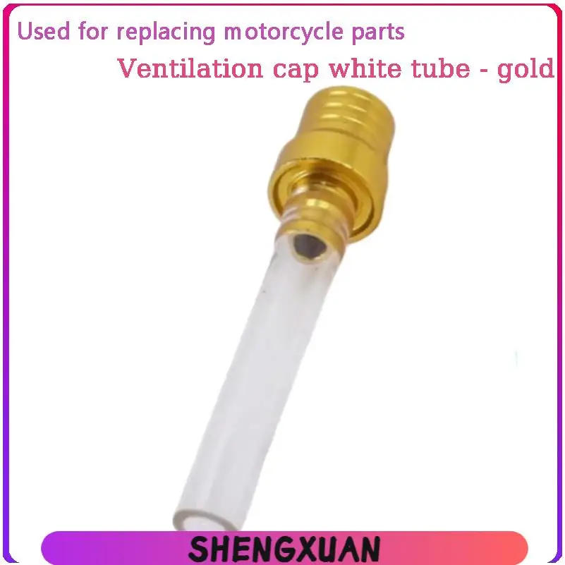 Golden fuel tank ventilation cover with transparent white hose, used for off-road motorcycle parts replacement