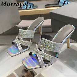 Open Toe Bling Bling Rhinestone Decor Slippers Women Square Toe Glitrey Thick High Heels Sandals Summer Party Dress Shoes