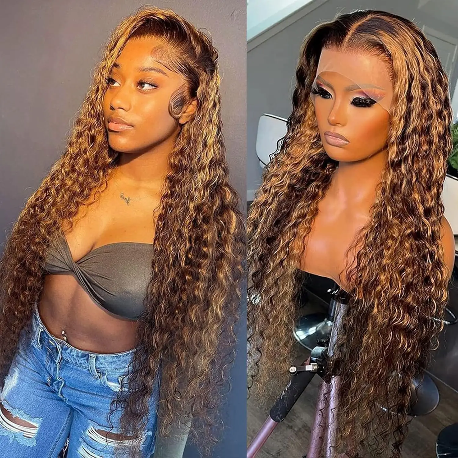 

Ombre Highlight Deep Wave Lace Front Wigs Human Hair P4/27 13x4 Honey Blonde Curly Frontal Wigs 180 Density Human Hair Wig