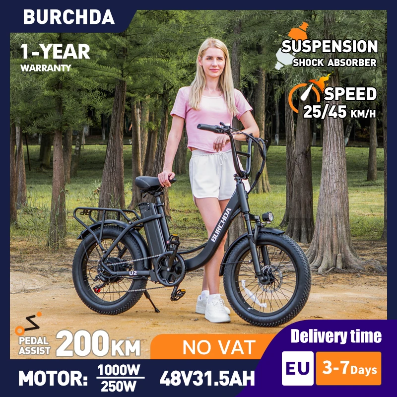 BURCHDA U8 Electric Bike Adults Fat Tires Snow Mountain Electric Bicycle 1000W 48V 31.5AH Large Lithium Battery 2024 NEW E Bike