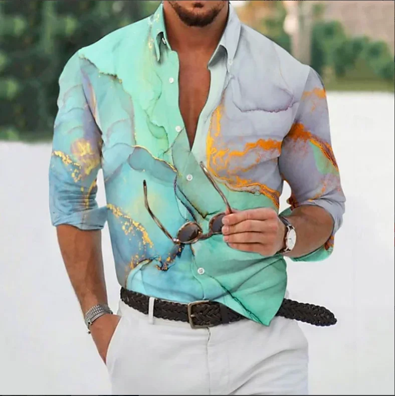 Men's Gradient Curve Color Change 3D Marble Printed Shirt Snowflake Casual Fashion Flip Button Long Sleeve Party Autumn Shirt