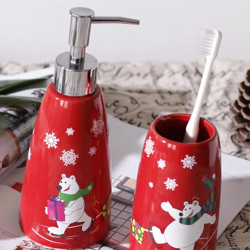 Cute Bear Christmas Bathroom Set Toothbrush Holder Lotion Bottle Mouthwash Cup Couple Household Portable Soap Dispenser Decor