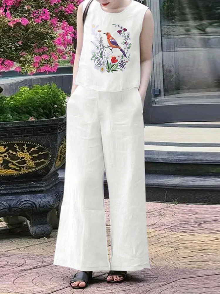 

Summer Elegant Sleeveless Blouse Pant Sets ZANZEA Women Work Matching Sets 2025 Printed Tracksuits Fashion 2PCS Holiday Outfits