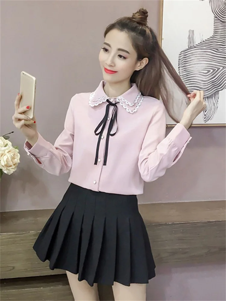 Women Spring Autumn Style Vintage Blouses Shirts Lady Casual Long Sleeve Turn-down Collar Pink White Blusas Tops DF3089