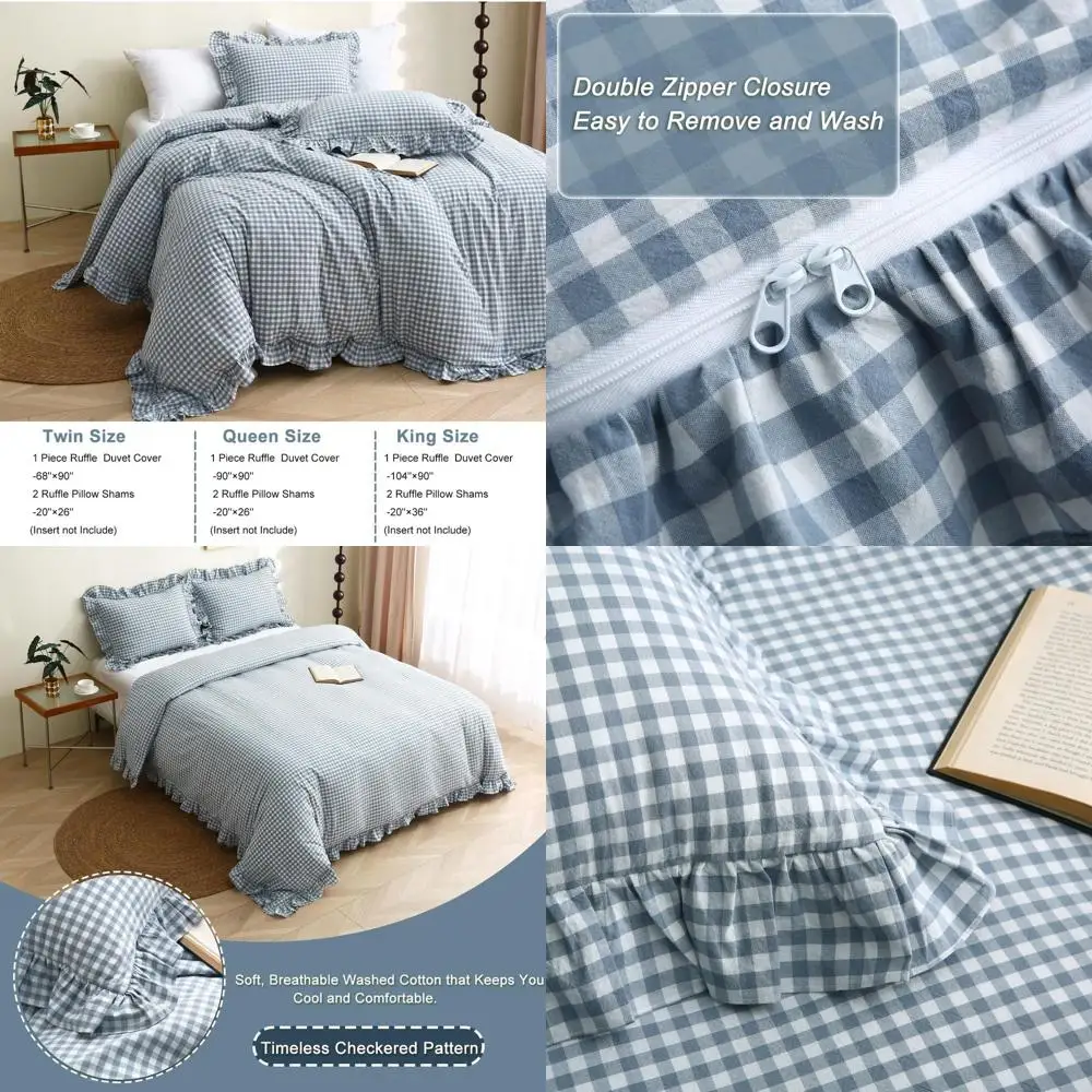 

Light Blue/White Plaid Ruffle Duvet Cover King Size,100% Washed Cotton 3 Pieces Shabby Checkered Chic Gingham Bedding Set Comfor