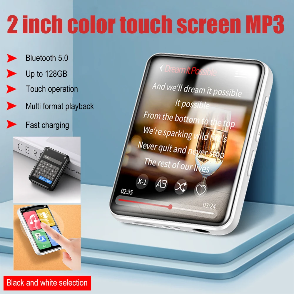 2.0 Inch Full Screen MP3 Walkman Student Version Mini Ultra-thin Bluetooth Portable Touch Screen Music Player Support FM